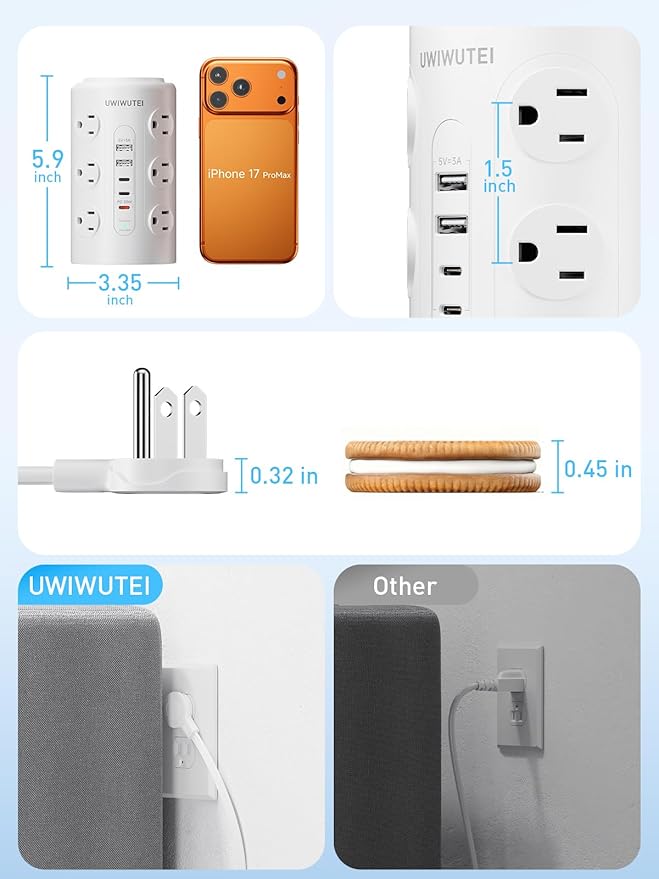 Tower Power Strip with 1 Dedicated PD 20W Fast-Charging Port, 12 Outlets, 5 USB Ports (3 USB-C), 1800J Protector, Desk Charging Station for Multiple Devices,10FT Extension Cord, Home Office Essentials
