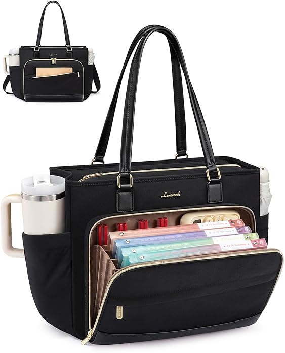 LOVEVOOK Teacher Tote Bag, Laptop Bag for Women with Large Cup Holder & Accordion File Area, Work Tote Bag for Business