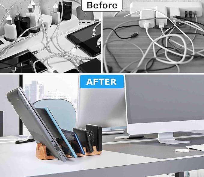 Oak Multi-Device Organizer with Cord Organizer and Anti-Scratch Pads Accessories Set – Vertical Stand for Laptops, Tablets, Phones, and external Hard Drives – Desk station Dock for Home Office