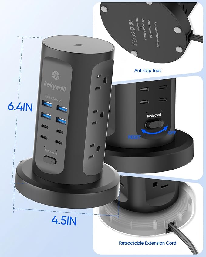 Power Strip Tower, kakyanill Surge Protector Tower 9 AC Outlets 8 USB (4 USB C), 6 Ft Retractable Extension Cord, Charging Station for Office Dorm Room, Black