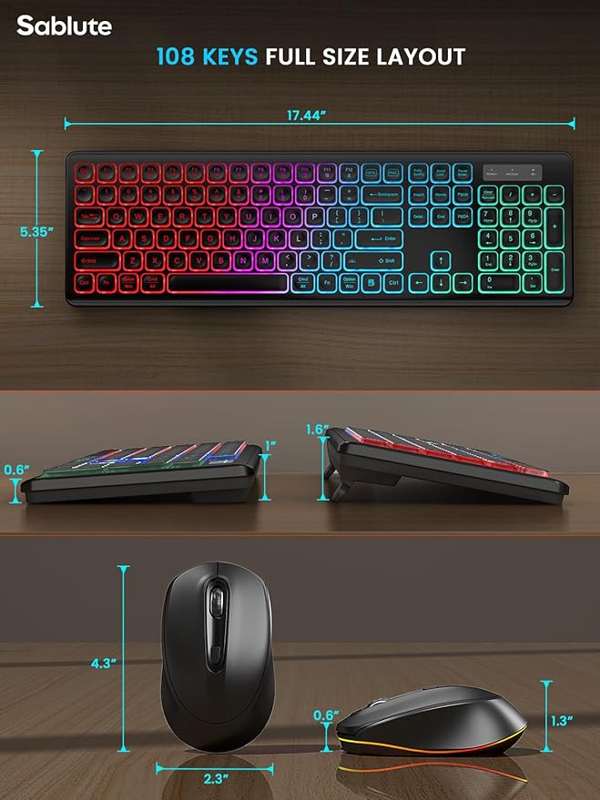 SABLUTE Wireless Keyboard and Mouse Backlit, Quiet Light Up Keys, Tilt Legs, Sleep Mode - Rechargeable USB Cordless Combo for Computer, iMac, PC, Laptop (Black)