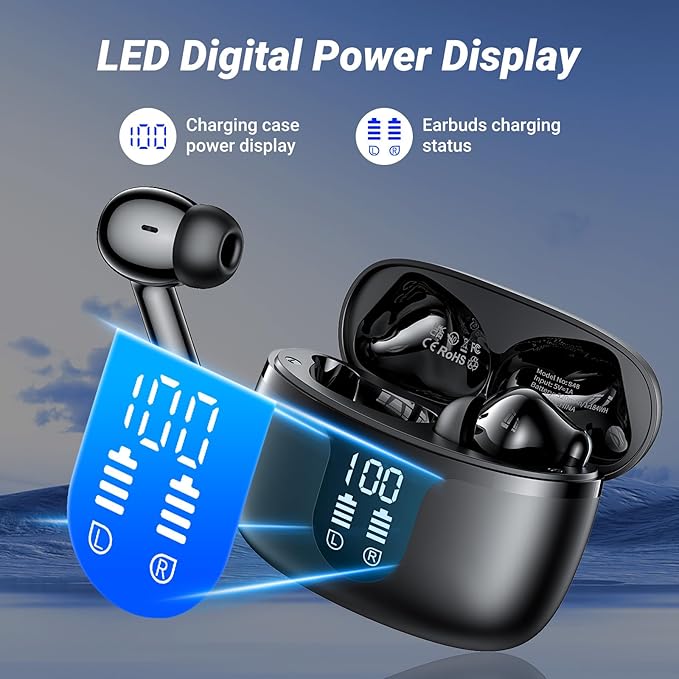 Wireless Earbuds Bluetooth 5.4 Headphones HiFi Stereo 42H Playback in Ear with 4 ENC Noise Cancelling Mic, IPX7 waterproof and LED battery display screen for Running Fitness Office Ear Buds in Black