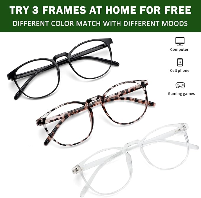 Przene 3 Pack Blue Light Blocking Glasses Women/Men,Retro Round Computer Glasses Anti Eye Strain/UV/Glare, Gaming Glasses. (Black/Crystal/Transparent Amber)