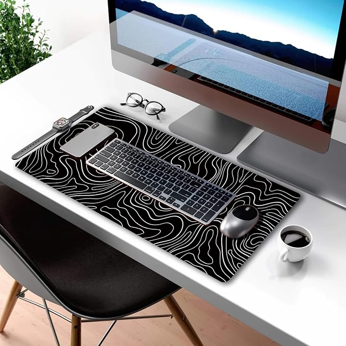 Large Gaming TOPO Keyboard Mouse Pad Black Topographic Mouse Pad with Anti-Slip Rubber Base, Extended XXL Long Gaming Mousepad Big Mouse Pads for Desk,31.5 X 11.8 Inch