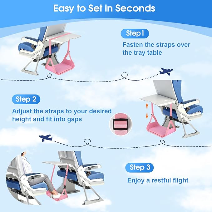 2 Pack Airplane Foot Rest - Lightweight Foot Hammock for Plane Travel with Adjustable Strap & Thick Board, Tray Table Under Desk Footrest to Relax Feet, Travel Essentials for Long Flights(Pink)