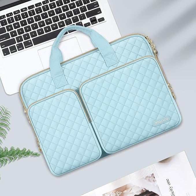 MOSISO 360 Protective Laptop Case 13.3 inch, 13-13.3 inch Laptop Sleeve Compatible with MacBook Air/Pro 13/Pro 14,HP Dell ASUS Lenovo, Square Quilted Bag Cover with 2 Pockets&Handle&Belt, Ice Blue