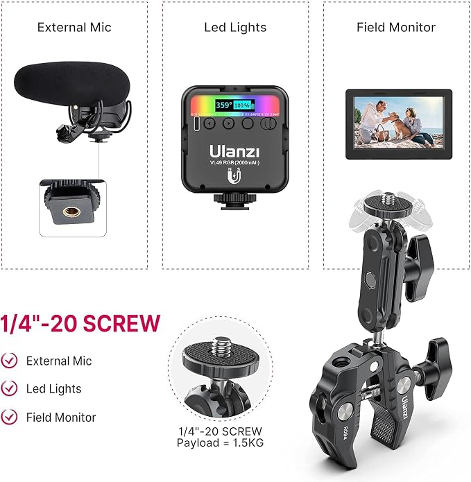 ULANZI Super Clamp Camera Clamp Mount Monitor 360° Ballhead Magic Arm Double Ball Head Adapter with 1/4"-20 & 3/8"-16 Thread for Canon Nikon DSLR Camera/Gopro/LED Lights/Ronin-M/Ronin MX/Freefly MOVI - Image 8