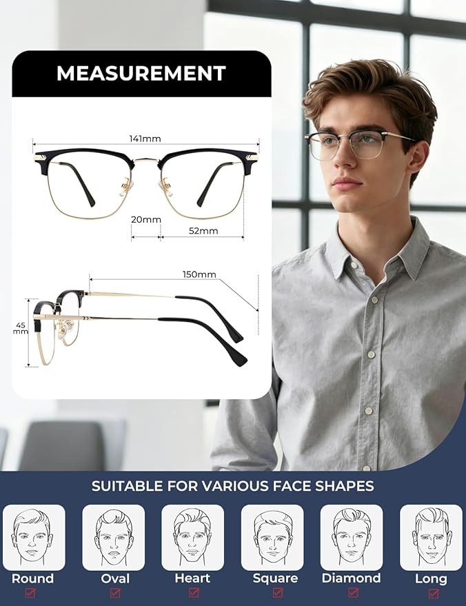 ZanyLen Blue Blocker Glasses for Men Metal Browline Computer Gaming Glasses Filter Blue Ray