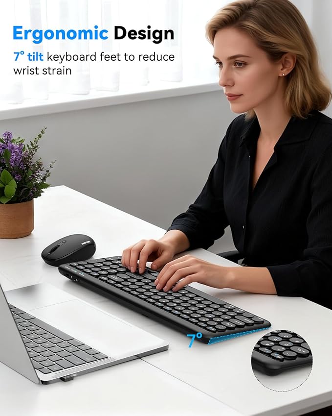 TECKNET Wireless Keyboard Bluetooth & 2.4G USB, Up to 4-Device Connection, USB C Rechargeable Battery, Quiet Typing, Compact Layout, 7° Ergonomic Tilt, Compatible with Windows/Android/iOS, Deep Back