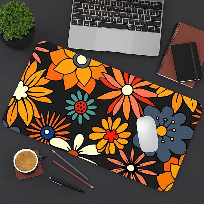 Desk Mat Large Protector Pad 23.6" ×11.8", Non-Slip PU Leather Desk Blotter, Waterproof Mouse Pad for Office Home Retro Flower