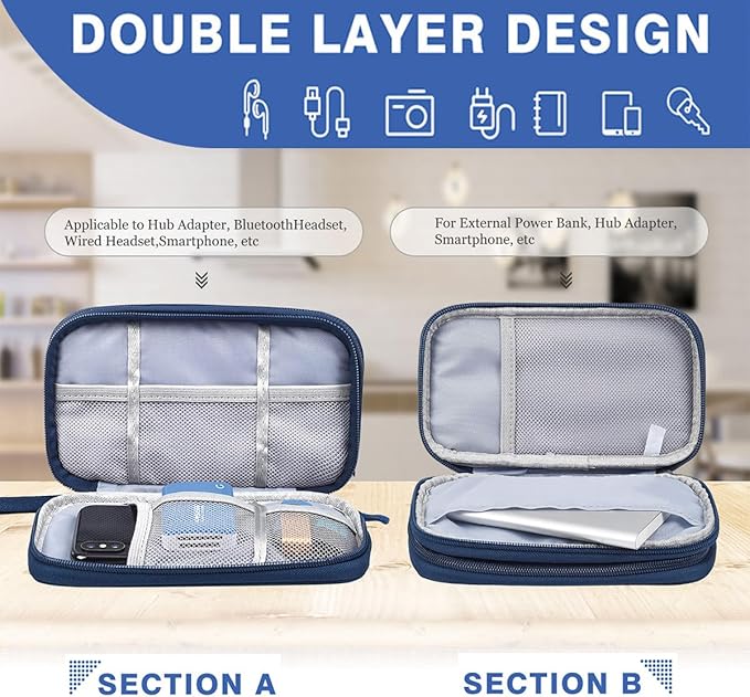 Electronic Bag Travel Cable Accessories Bag Waterproof Double Layer Electronics Organizer Portable Storage Case for Cable, USB, Cord, Charger, Phone, Power Bank, Earphone (Navy Blue, Large)