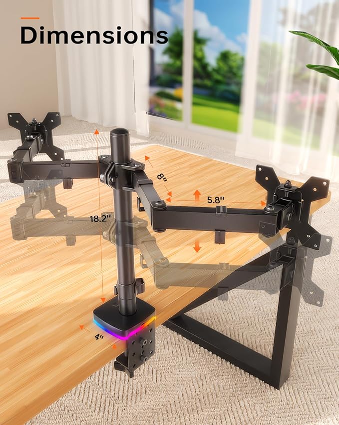 Afaloona RGB Dual Monitor Desk Mount, Monitor Stand with 3 USB Ports, Charging and USB Data Transfer Function, Adjustable Arms for 13-27" Monitors up to 17.6lbs, VESA 75x75-100x100mm,Ergonomic Design