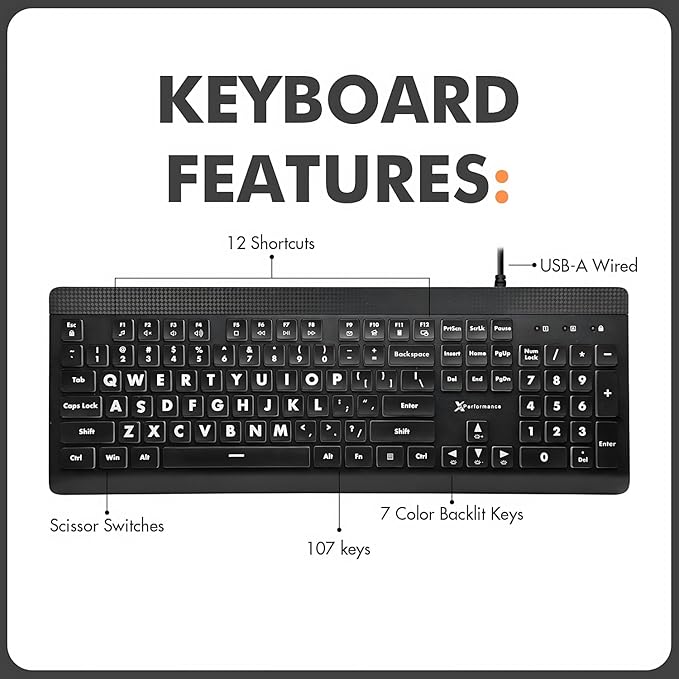 X9 Large Print Backlit Computer Keyboard - Easy to See Big Letters - Lighted USB Wired Keyboard with 7-Colors Backlight LED, Full Size Oversized Light Up Keyboard for Windows, PC, Laptop, Desktop