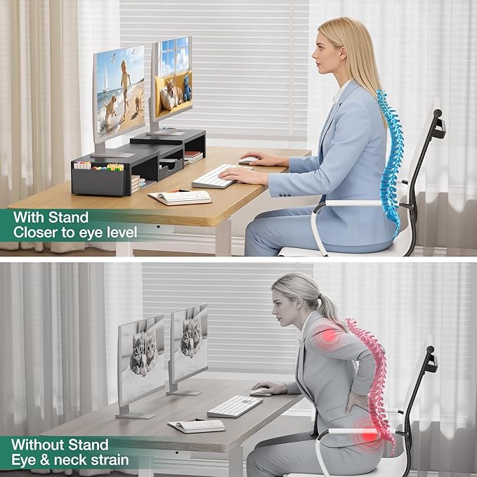 OPNICE Dual Monitor Stand Riser with Drawer and 2 Pen Holders, Desk Organizer for Office Supplies, Computer Monitor Stand for Desk, Workspace Desk Accessories for Home Office, Black