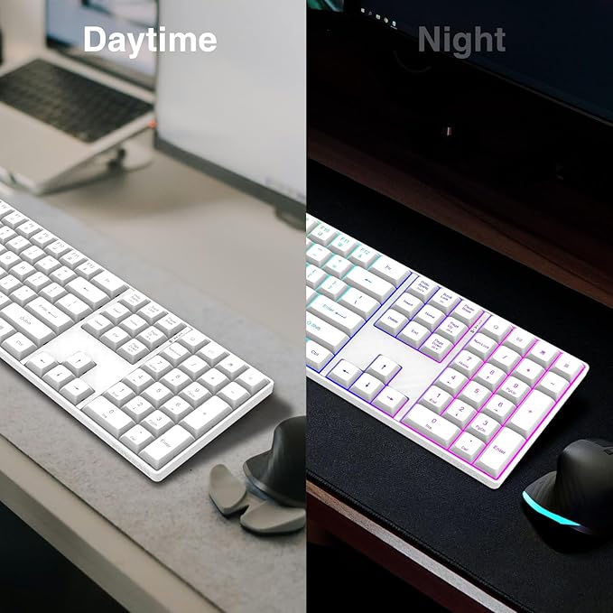 Wireless Backlit Keyboard Quiet - Computer Rechargeable Ergonomic Light UP Keyboard, Silent Keys Full Size Compatible for Windows, Desktop, Laptop, PC, Gaming, PS5 - White