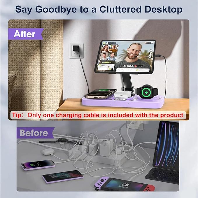30W Charging Station for Apple Products, Foldable Wireless Charger with Clock Display&7 Color Light, Wired Charging for iPad/Tablet Charging Station for iPhone17, for Apple Watch11 for AirPods4(Purple