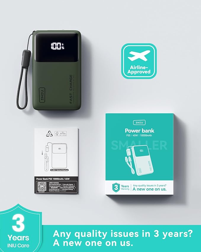 INIU Small Portable Charger, 45W PD Fast Charging 10000mAh Power Bank, Battery Pack with Attached USB C Cable, Travel Essentials Powerbank for iPhone 17 16 15 14 Pro Air, Xiaomi, Samsung S25, Green