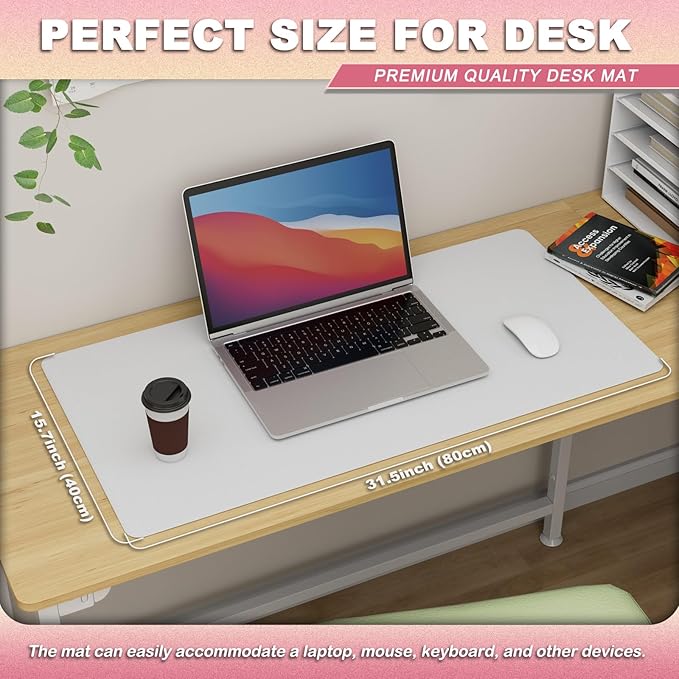 K KNODEL Leather Desk Pad Protector, Office Desk Mat, Large PVC Leather Desk Blotter, Non-Slip Mouse Pad (White, 15.7" x 31.5")