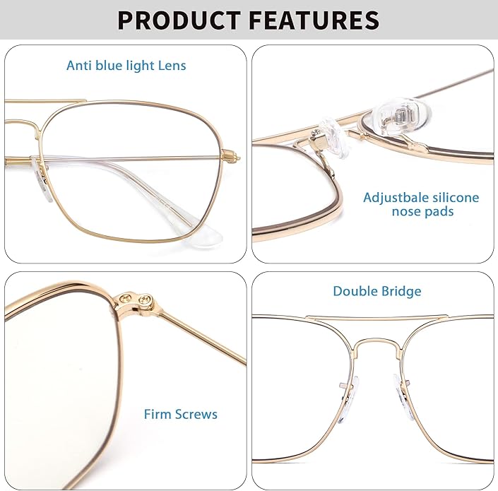 JM Aviator Blue Light Blocking Computer Glasses, Square Eye Protect Video Eyeglasses Anti Glare Men Women