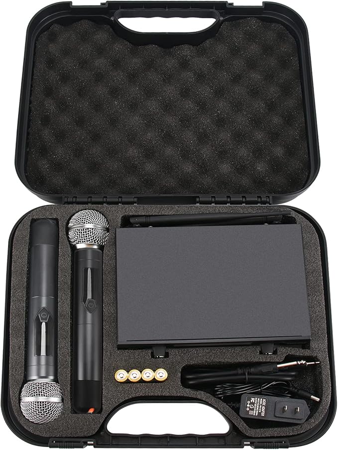 Wireless Microphone System with case, Metal UHF Dual Handheld 20 Channels Professional Cordless Mic System for Church, DJ, Karaoke,Wedding, Home KTV Set