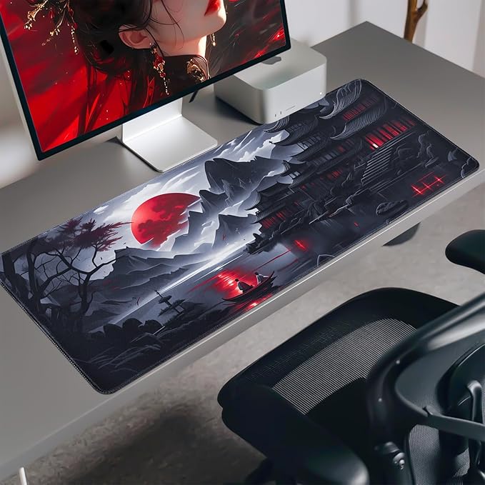 Black Mouse Pad Gaming Keyboard Pad 35.4 x 15.7 in Computer Mouse Pad Anime Gaming Mousepad, Expanded Architecture Cool Desk Pad, Japanese Red Moon Large MousePads Suitable for Home Office