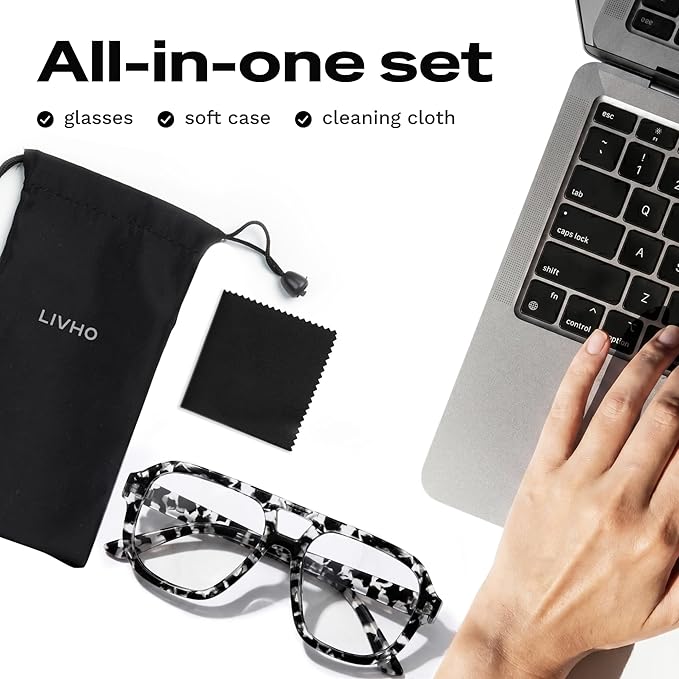 livho Retro Aviator Blue Light Blocking Glasses for Women Men with Soft Case, Trendy Rectangle Computer Eyeglasses