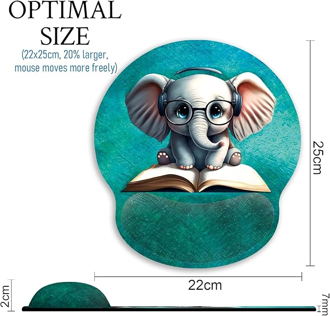 Mouse Pad with Wrist Rest, Mousepad with Wrist Support, Ergonomic Wrist Rest Mouse Pad for Desk Accessories Office Supplies Decor Computer Laptop Gaming, Non-Slip Pain Relief PU Base Women Elephant