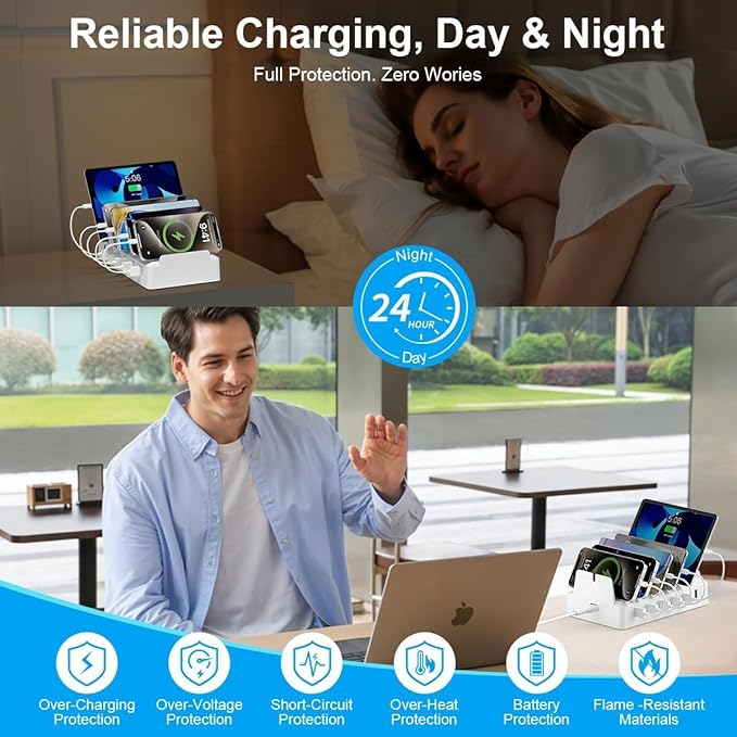 Charging Station for Multiple Devices, 6 Port USB Charger with Holder Stand and Cables for iPad, Apple, Android, Tablet, Office Desk Charging Dock Storage Organizer (Black)