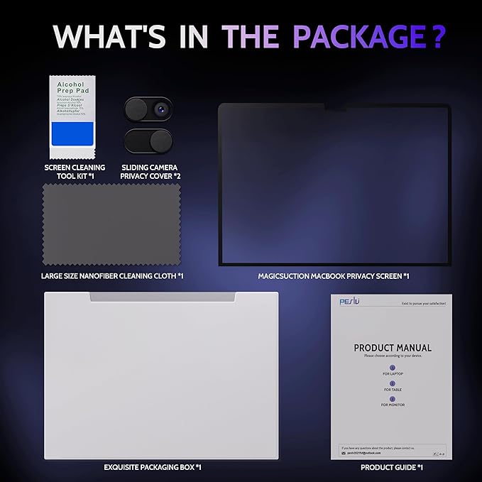 Peslv Privacy Screen for MacBook Pro 16 Inch (2021-2026, M1, M2, M3, M4, M5), MagicSuction™ Removable Anti Spy Black Protector, Glare Blue Light Filter for Mac Laptop Computer