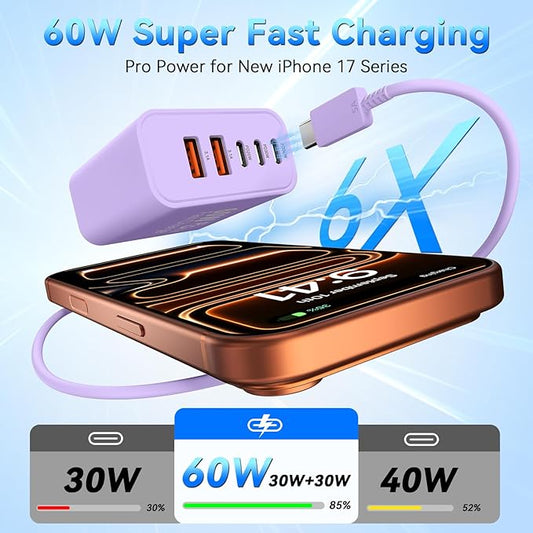 USB C Charging Blocks, 60W USBC Wall Fast Charger Block, Type C i-Phone USB C Charger Fast Charging Brick, 5-Port Multiport Charger Plug Power Adapter for Phone 17/16/15/14/13 ProMax, Pad,S25-Lavender