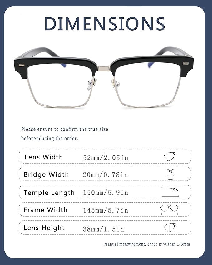 Semi Rimless Rectangle Blue Light Glasses Men Women Black Square Eyewear