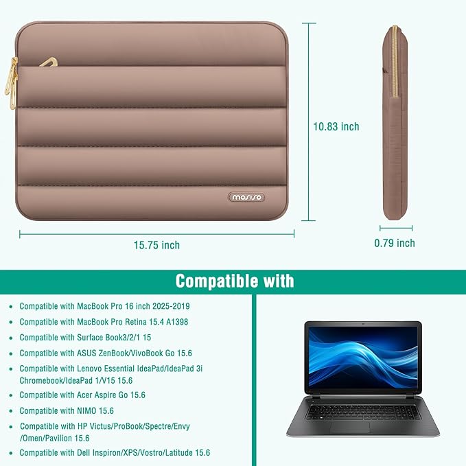 MOSISO Laptop Case 16 inch, 15-15.6 inch Puffy Laptop Sleeve Compatible with MacBook Pro 16 M5 M4 M3 M2 M1, HP Dell ASUS Acer Toshiba Lenovo, Polyester Horizontal Bag with Small Case, Brown