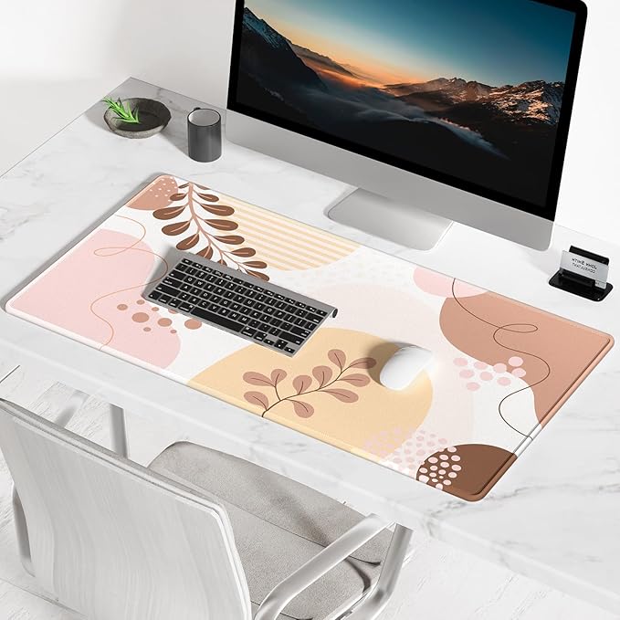 BOSOBO Large Desk Pad, XXL Extended Gaming Mouse Pad & Keyboard Mat, Desktop Full Cover 31.5 x 11.8 Inches, Boho Pink Abstract Flower