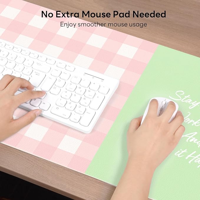 Checkered Pattern Desk Pad Protector, 35.5 x 13'' Aesthetic Mouse Mat for Desktop, Waterproof PU Leathe Non-Slip Desk Writing Pad for Office and Home, Pink and Green