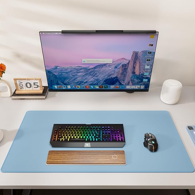 KTRIO Large Gaming Mouse Pad Desk Mat, Superior Micro-Weave Cloth, Non-Slip Rubber Base, Stitched Edges, Water-Resistant, for Gamer, Office & Home, 31.5 x 15.7 Inch,Ice Blue
