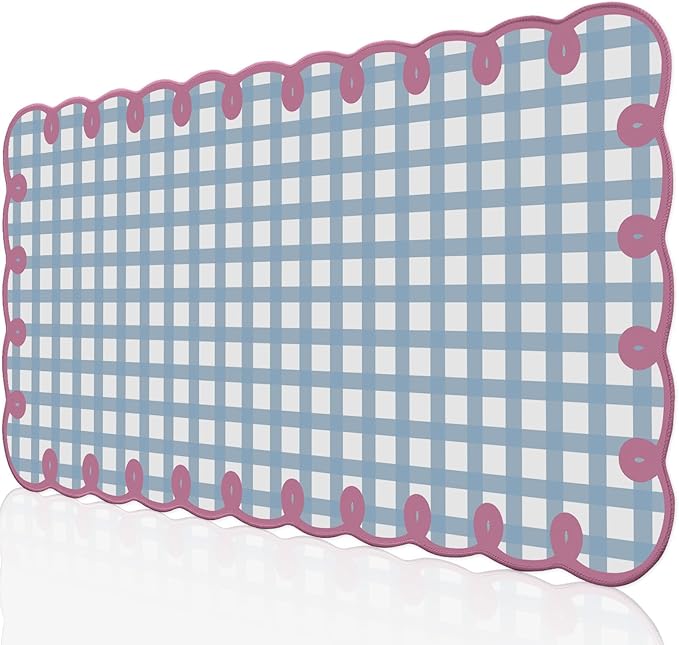 Cute Pink Blue Scalloped Desk Mat Pastel Checkered Large Mouse Pad Kawaii Aesthetic Retro Vintage Cottagecore Office Girl Desk Decor Stitched Pad for Computer Keyboard & Mouse 31 * 15.7in