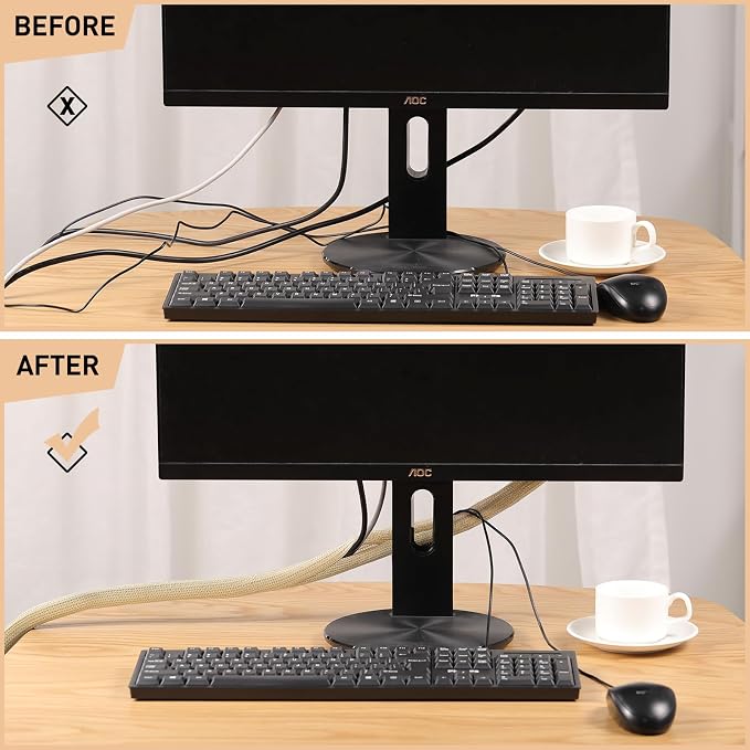 AGPTEK Cable Sleeve, 10ft - 4/5 inch Cable Management, Desk Cord Cover Organizer Wire Hider for Home Office Computer TV Wire Loom Tubing, Pet Proof Cord Protector from Cat Dog Chewing, Wood Color - Image 6