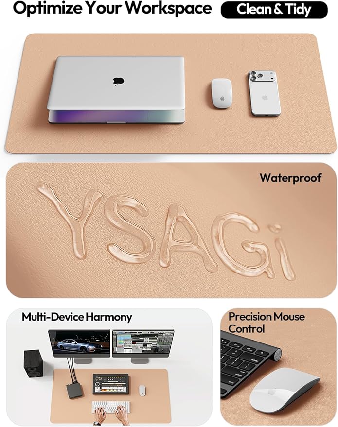 YSAGi Leather Desk Protector, Office Mat, Large Mouse Mat, Non-Slip PU Leather Blotter, Laptop Desk Pad, Waterproof Writing Pad for Office and Home (Latte, 31.5" x 15.8")