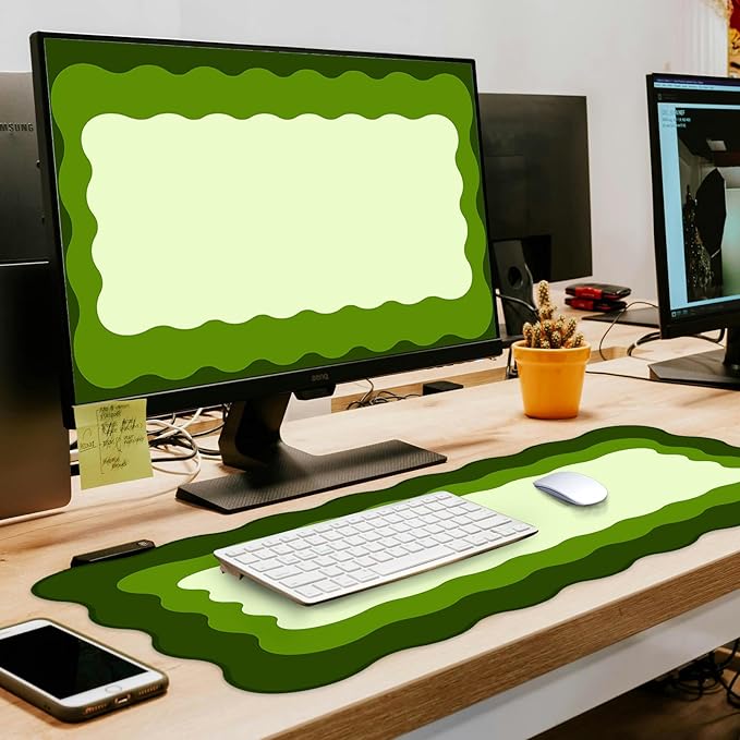 L-SPOUTTO Green Mouse Pad,Cute Desk Mat XXL Large Scalloped Gaming Mousepad,35.4x15.7in Non-Slip Rubber Base Keyboard Pad Waterproof Desktop Mat for Laptop Computer Work Game Home Office-Green