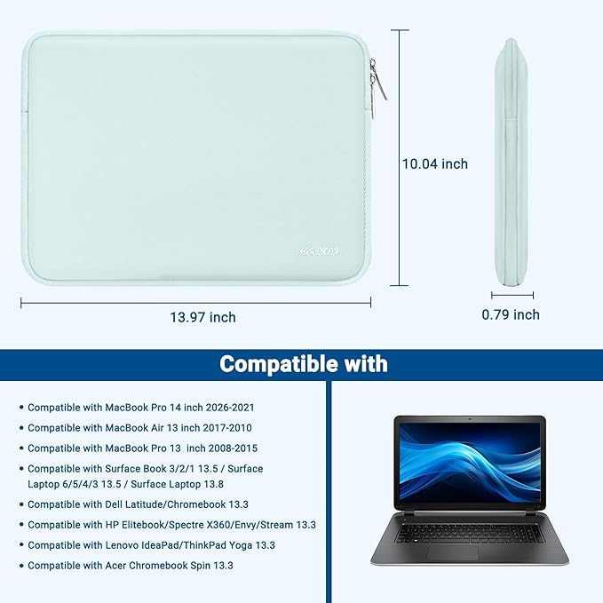 MOSISO Laptop Case 13.3 inch, 13-13.3 inch Laptop Sleeve Bag Compatible with MacBook Air/Pro 13/Pro 14 M5 M4 M3 M2 M1, HP Dell ASUS Lenovo, Neoprene Computer Sleeve Bag with Small Case, Ice Green