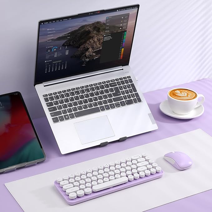 i68 Wireless Typewriter Keyboard and Mouse Combo,Purple Keyboard with 2.4GHz Connection, Cute Retro Aesthetic Design Round Keycaps for Tablet, Phone, PC and Win/Mac/Android(Purple)
