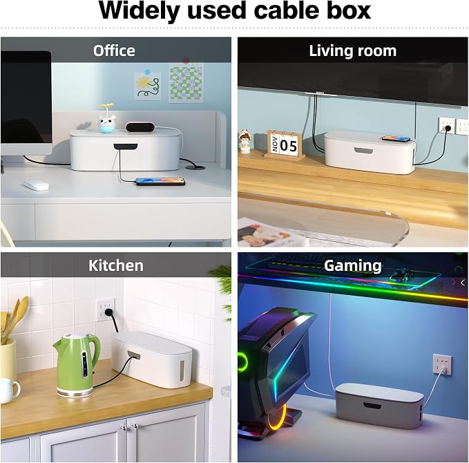 Cable Management Box - Large Cord Organizer Box to Hide Power Strip & Under Desk, TV Computer Wires Cable Organizer Box with Baby Proofs, Desk Cord Organizer for Home/Office - White - Image 7