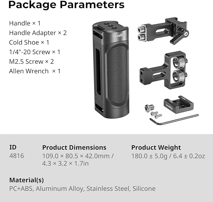 SMALLRIG Mini Camera Side Handle with NATO and 1/4"-20 Screws Installation Options, for Left and Right Hand, with 1/4"-20 Threaded Holes, Wrist Strap Holes, Cold Shoe, Up and Down Adjustable - Image 9