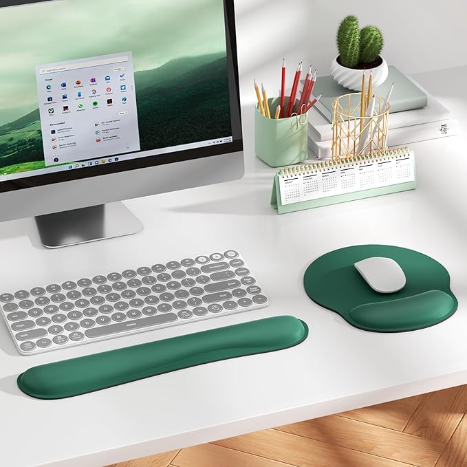 KTRIO Ergonomic Keyboard Wrist Rest and Mouse Pad with Wrist Rest Set, Memory Foam Wrist Support for Typing, Gaming, Office and Home Use, Forest Green