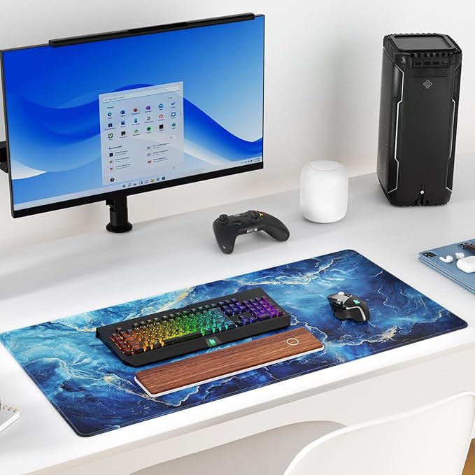 KTRIO Large Gaming Mouse Pad Desk Mat, Superior Micro-Weave Cloth, Non-Slip Rubber Base, Stitched Edges, Water-Resistant, for Gamer, Office & Home, 31.5 x 15.7 Inch,Blue Marble