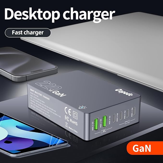 220W USB C Charger Block, 6-Port GaN USB C Charging Station PD 100W PC Laptop Fast Charger Adapter Compatible with iPhone 17, Galaxy 25, MacBook,ipad and More Devices(Gray)