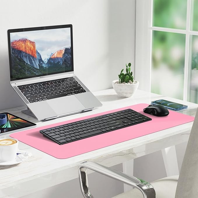 Desk Pad,Large Mouse Pad, Non-Slip PU Leathers Writing Pad,Desktop Protection Pad,Computer Desk Pad, Waterproof Table Mat, Desk Mat for Office and Home Writing (Pink;23.6"x 13.7")