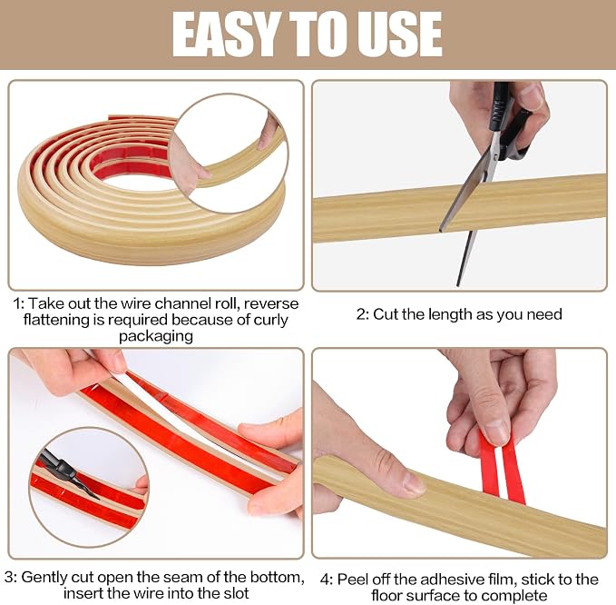 Floor Cord Cover Self Adhesive Cord Hider,3.3FT Cable Management, Extension Strip Protector for Wires, Prevent Cable Trips for Offices, Gyms, Exhibitions Cavity:0.39"(W) x0.27(H) WoodLightyellow - Image 8
