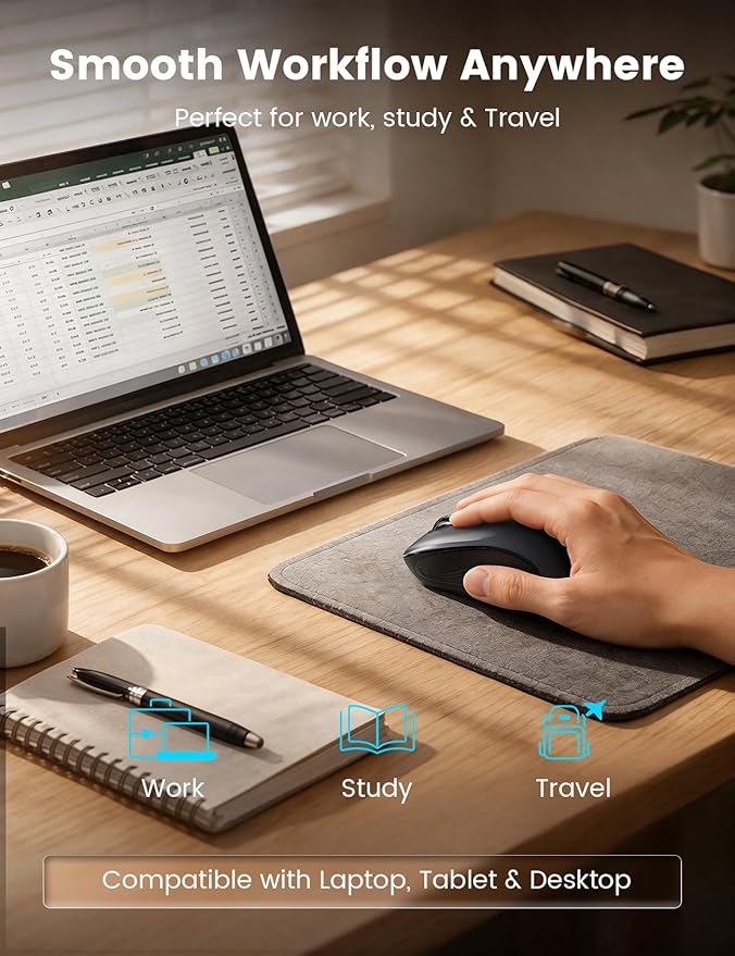 WisFox 2.4G Wireless Mouse for Laptop, Ergonomic Computer Mouse with USB Receiver and Type-C Adapter, 3 Adjustable Levels, 6 Button Cordless Mice for Windows Mac PC Notebook (Grey and Black)