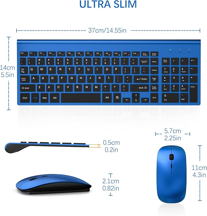 TopMate Wireless Keyboard and Mouse Ultra Slim Combo, 2.4G Silent Compact USB Mouse and Scissor Switch Keyboard Set with Cover, 2 AA and 2 AAA Batteries, for PC/Laptop/Windows/Mac - Blue Black